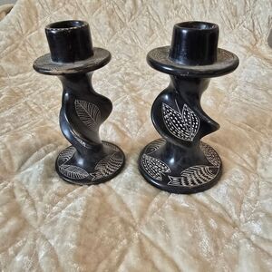 Soapstone Twisted Grey Fish Candlestick African Hand Made‎ Candle Holder